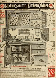 an old fashioned kitchen is shown in this ad for the modern sanitary kitchen cabinet company