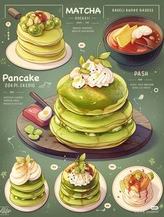 a poster with different types of food on it's sides, including pancakes and puddings