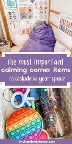 Image of calming corner pillow, posters, and sensory toys. The text over the image says, "the most important calming corner items to include in your space". Quiet Corner Home Kids, Toy Library, Calm Room, Room Kindergarten, Calming Room, Calming Corner, Calm Kids, Calm Down Corner