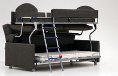 a bunk bed with a couch underneath it and a ladder attached to the back wall