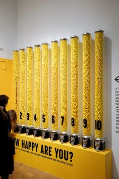 a woman standing in front of a display of yellow candy balls with the words happy are you?