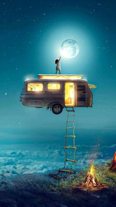 a man standing on top of a ladder next to a camper in the sky