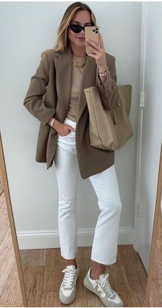 Chic Business Casual, Cream Pants, Tan Blazer, Veja Sneakers, Corporate Outfits, Pants Outfits