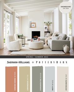 a living room with white furniture and neutral colors in the color scheme, sherwinn - williams + pottery har