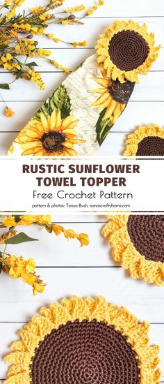 the crochet sunflower towel topper is shown in three different sizes and colors