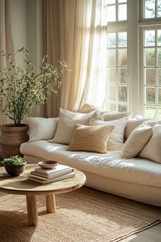 a living room filled with lots of furniture and pillows on top of a rug next to a window