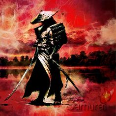 a painting of a man in armor holding two swords and standing on the ground with red clouds behind him