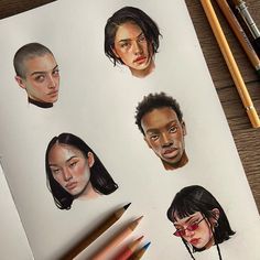 pencils and crayon markers are used to draw the faces of different people