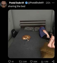 a person laying on top of a bed next to a dog sleeping on the floor