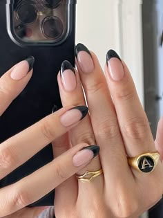 Nails | French Manicure | Black Nails | Nail Inspo | French Tips | Almond Nails | Long Nails | Medium Nails | Natural Nails Black Almond Nails, Almond Nails French, Black French Tip, Unghie Sfumate, French Tip Acrylic Nails, Almond Nails Designs, Almond Acrylic Nails