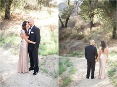 a man and woman in formal wear standing next to each other on a dirt road