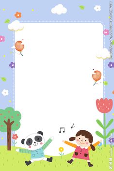 a child's frame with a panda and bird in the background, surrounded by flowers