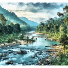 a painting of a river surrounded by trees and mountains in the distance with clouds overhead