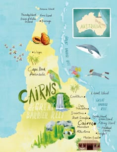 an illustrated map of australia with all the major tourist attractions and places to see on it