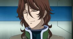 an anime character with long brown hair wearing a green and white hoodie looking at the camera