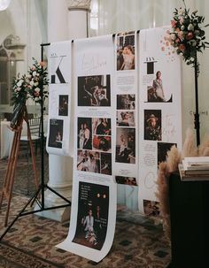 a photo booth set up with pictures and flowers