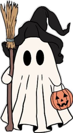 a cartoon ghost holding a broom and pumpkin