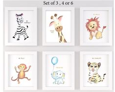 four framed pictures with animals on them in different colors and sizes, each featuring an elephant, zebra, giraffe, lion, monkey