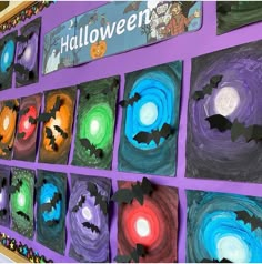 halloween art project for kids using paper plates and bats on purple wall with colorful background