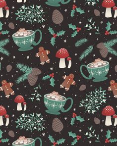 seamless christmas pattern with gingerbreads and hot chocolate in green mugs on black background