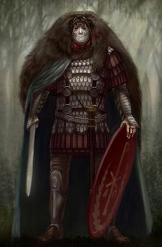 a man dressed in armor holding a shield and wearing a fur coat with his hands on his hips