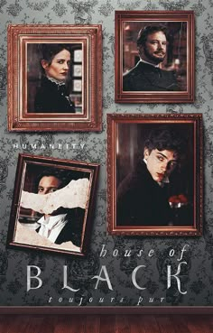 the poster for house of black is displayed in front of a wall with four pictures on it