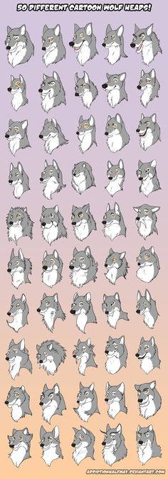 an animal character sheet with various poses and expressions for each character, including the wolf's head