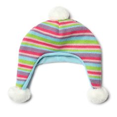 This hat is the perfect way to customize your stocking. Pair it with the matching scarf for the snow lovers in your life! Pull the Stocking Hanging Ribbon through the Hole in the Hat Pink, Purple, Green and Blue Stripes with White Pom-Poms Dimensions: 8" W x 9" H Weight: 1 oz Playful Blue Winter Beanie, Playful Winter Bonnet Cap, Playful Winter Beanie, Playful White Beanie For Winter, Cute Blue Winter Hat, Playful Hats For Cold Weather, One Size Fits Most, Playful Cold Weather Hat, One Size Fits Most, Fun Winter Hats For Cold Weather, Playful White Bonnet For Winter