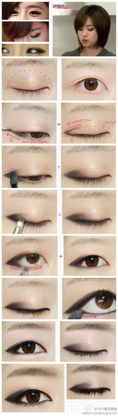 Wear eyeshadow like liner to define Make Up Yeux, Makeup Korean Style, Teknik Makeup, Make Up Mata, Monolid Makeup, Korean Makeup Tutorials, Korean Eye Makeup