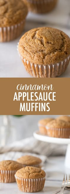 cinnamon applesauce muffins on a white plate with the title above it