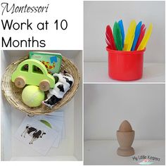 there are pictures of toys in the basket and on the shelf, including an egg