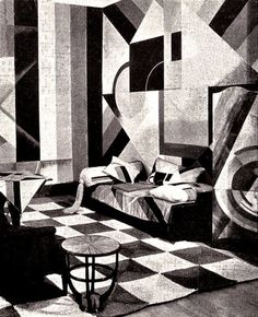 black and white photograph of a living room with checkered flooring, couches and tables