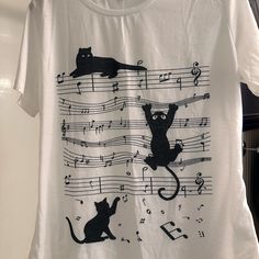 Cat With Music Women's T Shirt. New Without Tags Music T Shirt, Shirt Color, Colorful Shirts, White Black, White And Black, Cute Outfits, Womens Tops, Tops & Tees, Black White