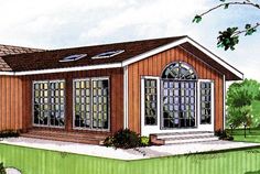 this is an artist's rendering of a small cabin house with windows on the front