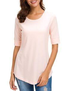 PRICES MAY VARY. WASHIES WELL: Hand wash or machine wash, flat dry better Soft stretch basic O-neck women tunic tops and blouses suitable for party, business, office, work, daily, sport and so on Goes well with shorts, skirt, skinny jeans ❤ Lovely Tee: It's a not see through cute tshirt that goes well with shorts, skirt, skinny jeans and leggings; The mid sleeves hides the arm wings for women who have lost weight, and long enough to cover the bottom; Just perfect looking with any outfit Life is Fitted T Shirt, Tunic Designs, Tunic Style Tops, Casual Shirt Women, Casual Night Out, Tops Fashion, Women Tunic Tops, Weekend Wear, High Class