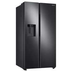 a black refrigerator freezer sitting on top of a white wall