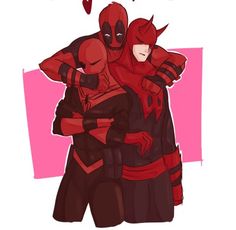 two deadpools hugging each other in front of a pink background