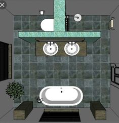 a drawing of a bathroom with two sinks and a bathtub in the middle of it