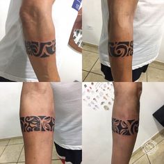 four different views of a man's arm and leg with tattoos on the arms