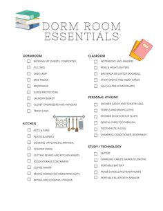 the dorm room essentials checklist is shown with books and other items on it