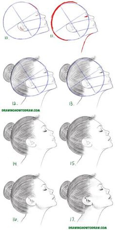 how to draw a woman's head with different angles and hair length, step by step