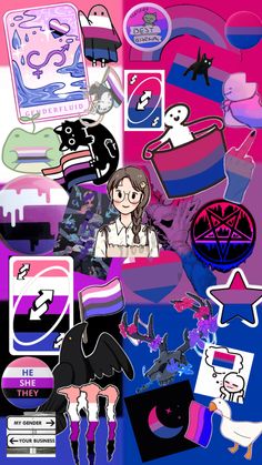 a collage of various stickers on a purple and pink background, with an image of a woman surrounded by cats