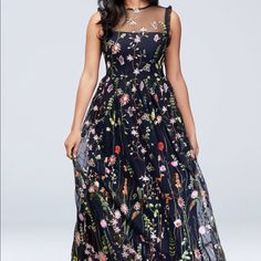 Gorgeous, Long, Embroidered Navy Blue Ballgown/ Prom Dress From Db. Brand New With Tags. Size 15. Davids Bridal Gowns, Blue Embroidered Dress, Floral Ball Gown, Illusion Gown, Embroidery Tulle, Long Sleeve Sheath Dress, Gown Style, Evening Gown Dresses, Perfect Prom Dress