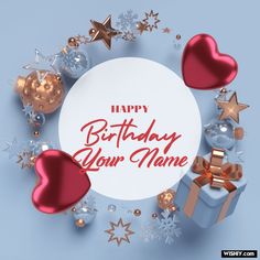 a happy birthday card with presents and ornaments around it on a light blue background that says,'happy birthday your name '