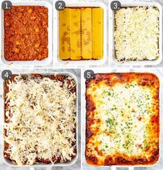 six different types of lasagna casserole are shown in four separate pans