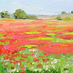 an abstract painting of red flowers in a green field with trees on the other side