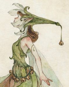 a drawing of a woman in a green dress with flowers on her head and hands