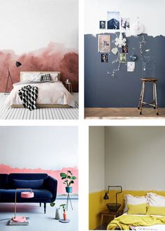 four different rooms with pink and blue walls