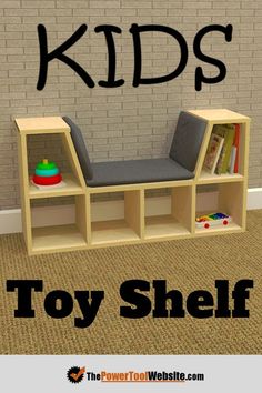 there is a toy shelf with books on it and the words kids written above it