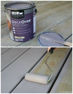 two pictures showing the same paint being applied on wood flooring, one is white and the other is gray